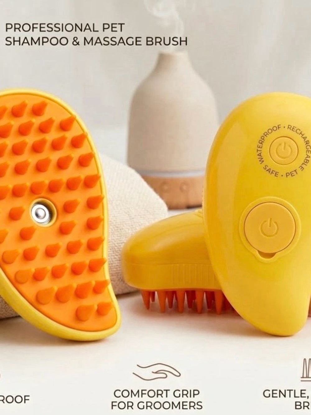Yellow Pet Shampoo & Massage Brush - Comfortable Grip